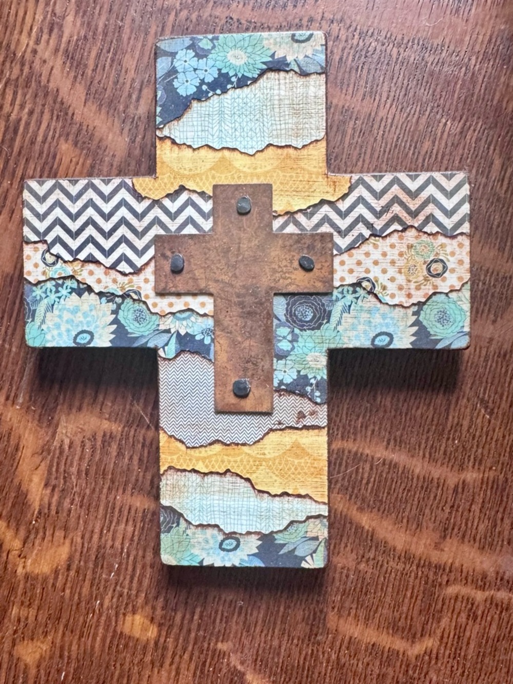 Decorative Layered Cross Wall Art in Blue, Teal & Mustard